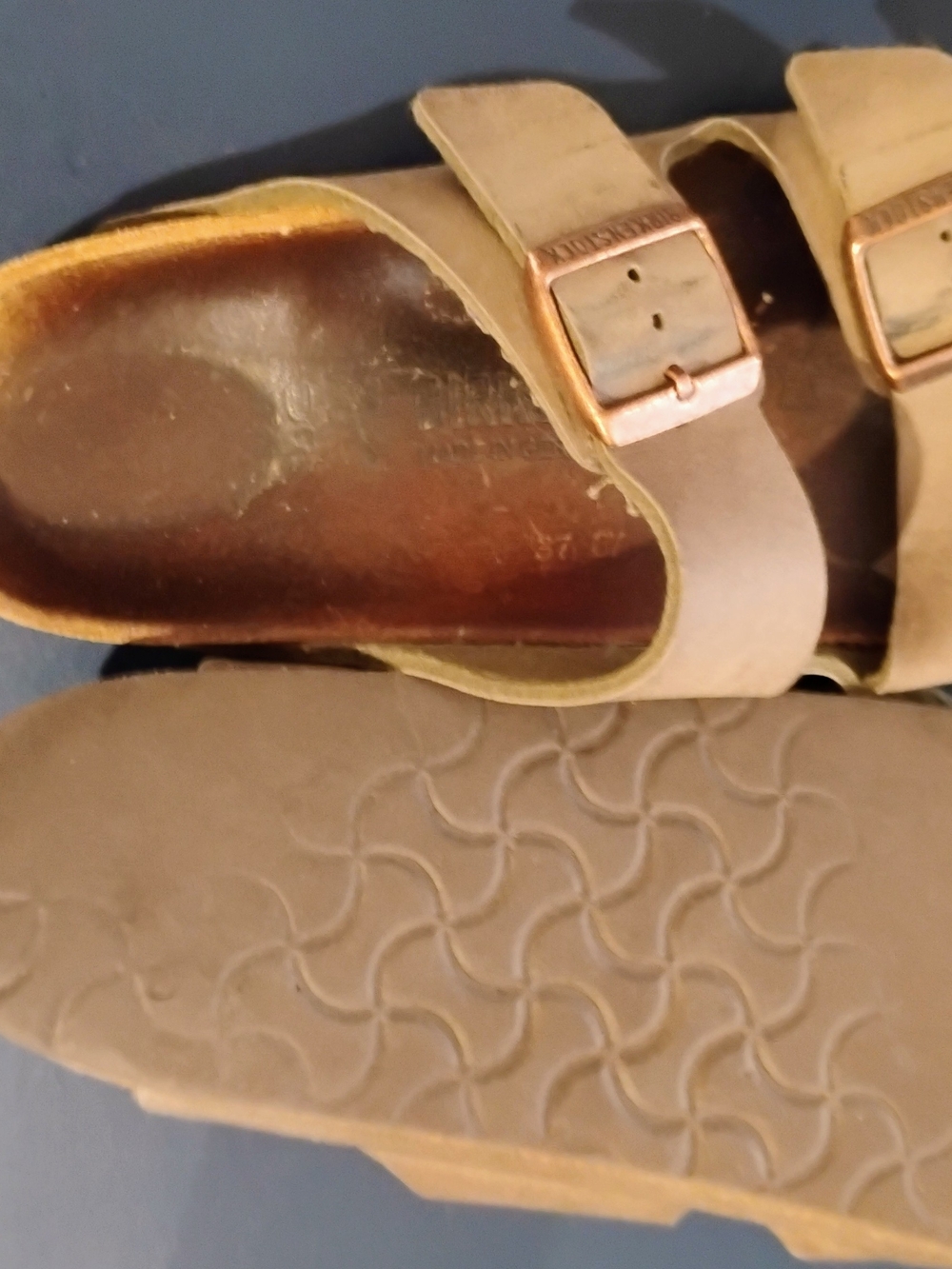 Birkenstock Unisex Tan Double Strap Sandals with Rose Gold Buckles